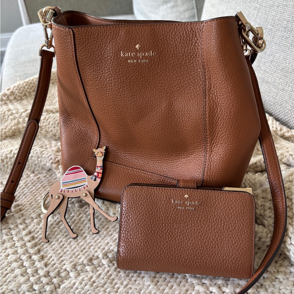 Kate Spade Brown Leather Hobo Bag with Gold Hardware, matching wallet & keychain